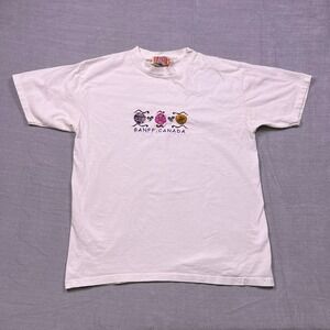 Mountain Memories Banff Canada Embroidered T Shirt Womens Large White Cotton